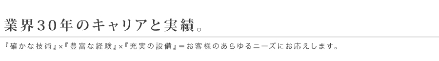 業界30年のキャリアと実績。『確かな技術』×『豊富な経験』×『充実の設備』＝お客様のあらゆるニーズにお応えします。